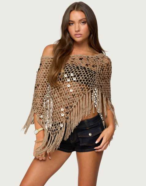 Edikted Fringe sequin crochet poncho in tan - view 1