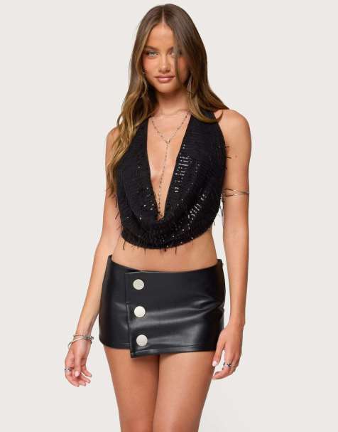 Edikted Fringed sequin backless halter&nbsp;top in black