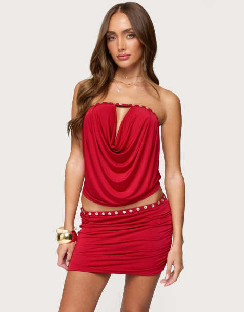 Edikted Giana iridescent strapless cowl neck top in bordu - view 1