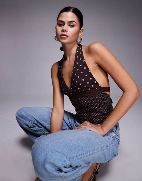 Edikted Ginny polka dot halter top in brown - view 1