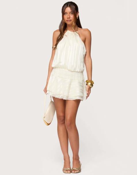 Edikted Glossy striped drop waist mini dress in beige