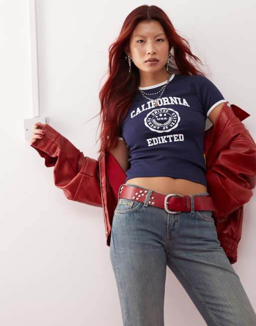 Edikted – Granatowa koszulka z lamówką i grafiką z napisem „California” w stylu lat 90.
