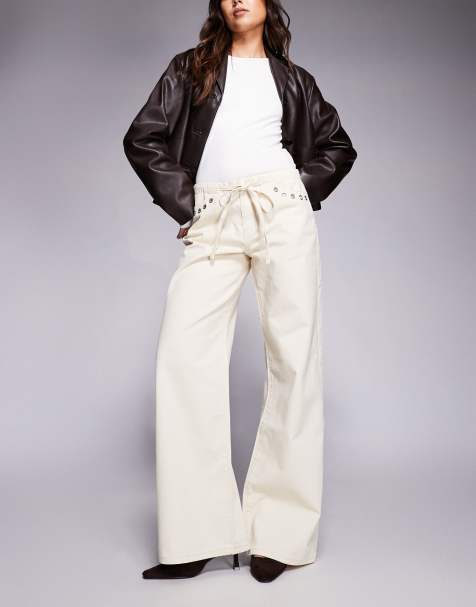 Edikted Grommet tie low rise jeans in beige - view 1