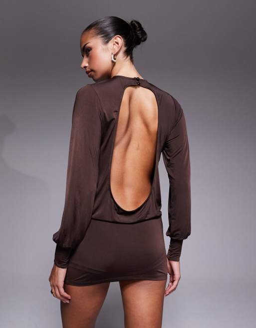 Edikted Guilia backless long sleeve romper in brown | ASOS