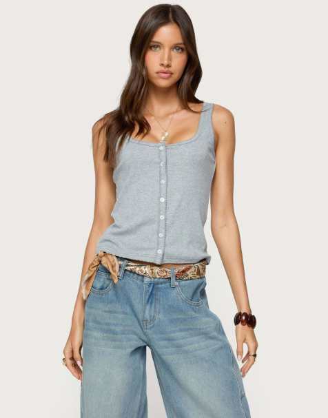 Edikted Gwenne pointelle button up tank top in gray melange - view 1