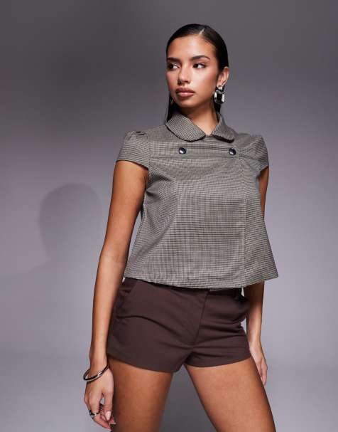 Edikted Haislee plaid tailored shirt in brown check - view 1