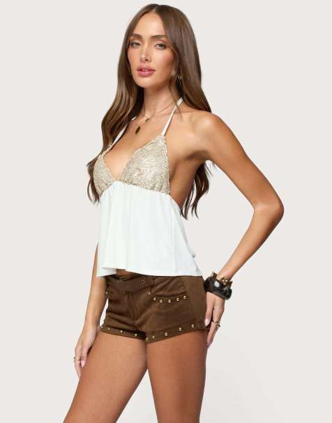 Edikted Hallie sequin babydoll halter top in gold - view 1