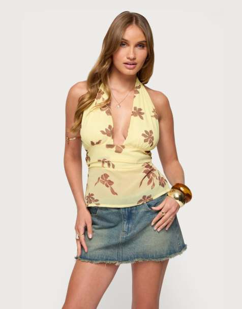 Edikted Hannah floral chiffon halter top in yellow
