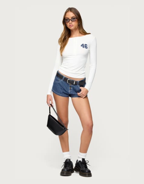 Edikted Hanson pinstripe denim shorts in blue - view 1