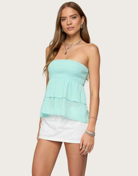 Edikted Harleigh ruffled linen look tube top in turquoise - view 1