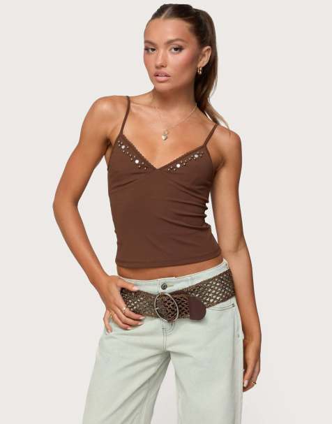 Edikted Holland bead v neck tank top in brown