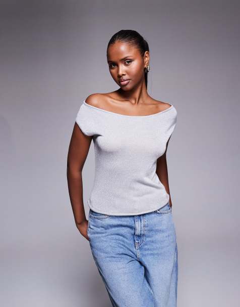 Edikted Holly glitter off-shoulder top in silver - view 1