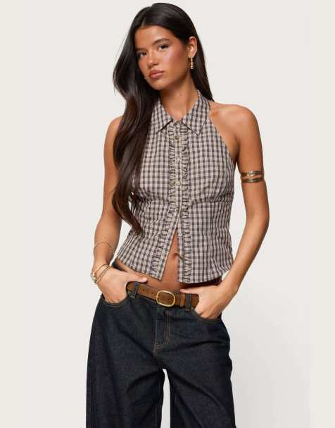 Edikted Imrie plaid collared halter top in brown - view 1