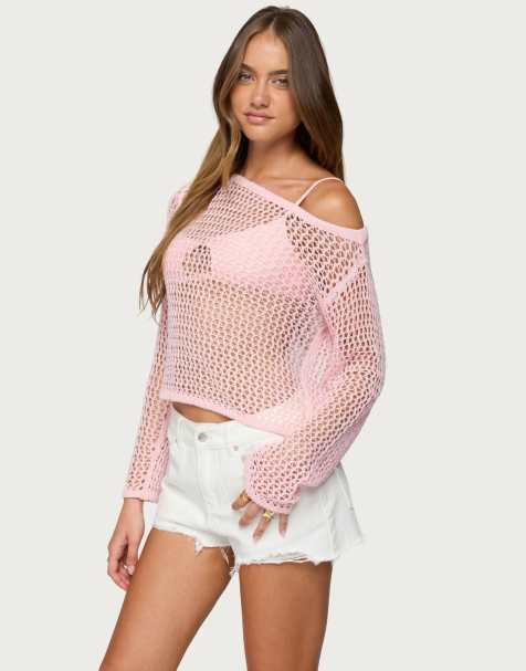 Edikted Inara off shoulder crochet top in light pink - view 1