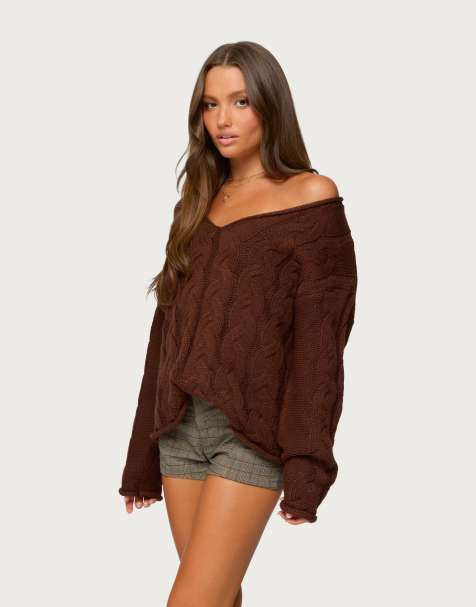 Edikted Inga oversized cable knit sweater in brown - view 1
