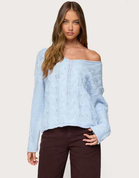 Edikted Inga oversized cable knit sweater in light blue - view 1