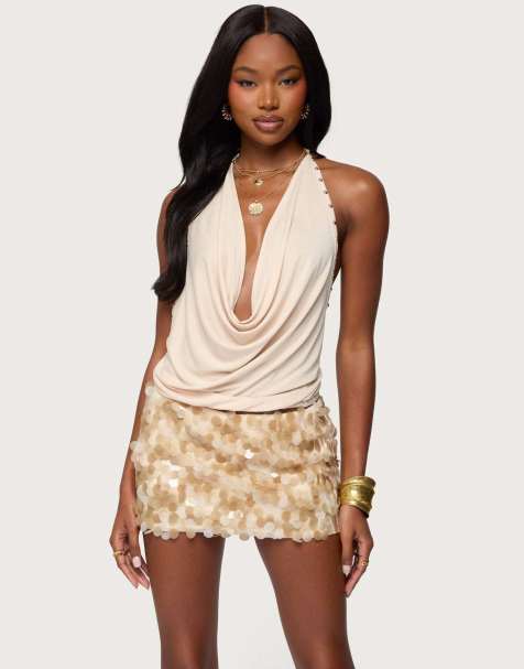 Edikted Irina stud cowl neck halter top in champagne - view 1