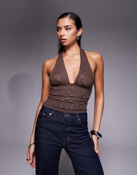 Edikted Jackie studded halter top in brown - view 1