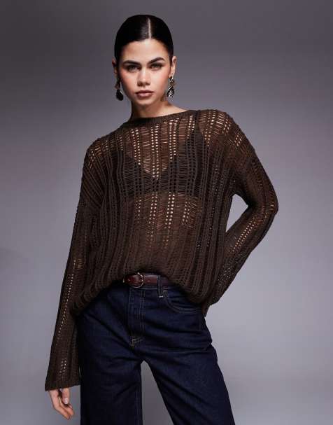 Edikted Jaide sheer ladder knit sweater in brown - view 1