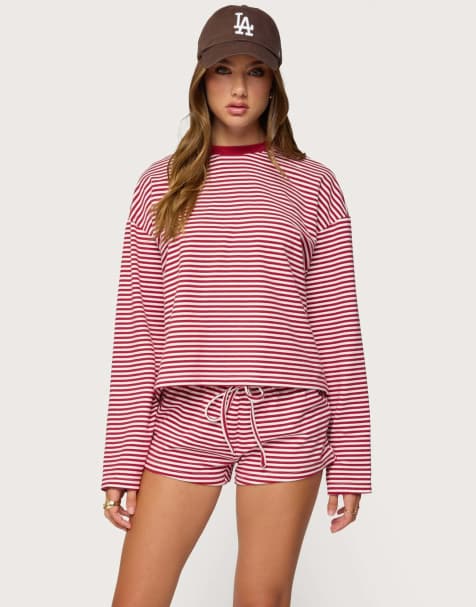 Edikted Jainee striped long sleeve t shirt in burgundy - view 1