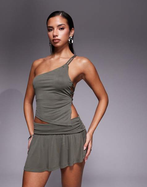 Edikted Janah co-ord asymmetric on shoulder backless top in olive - view 1