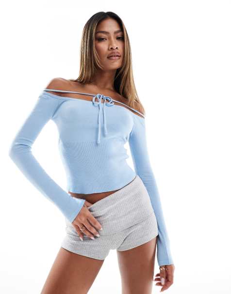 Edikted Jane Tie Front Knit Top in baby blue - view 1