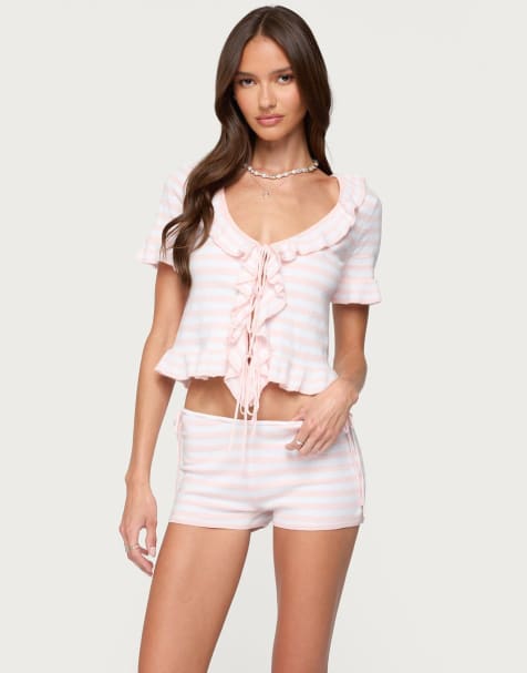 Edikted Janelle striped knit tie front top in light pink