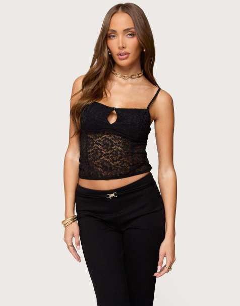 Edikted Janice sheer lace keyhole tank top in black - view 1