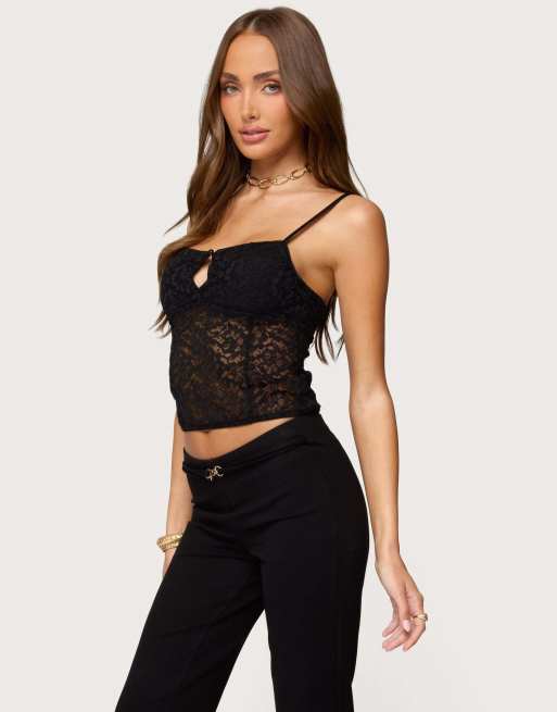 Edikted Janice sheer lace keyhole tank top in black | ASOS