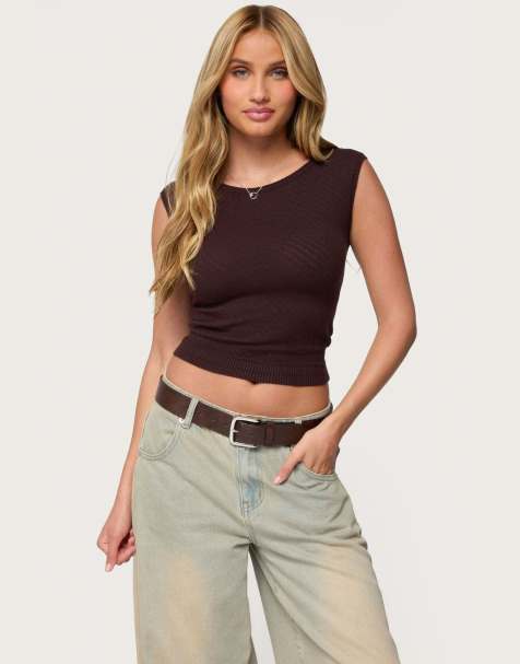 Edikted Jarah pointelle knit boat neck top in brown - view 1