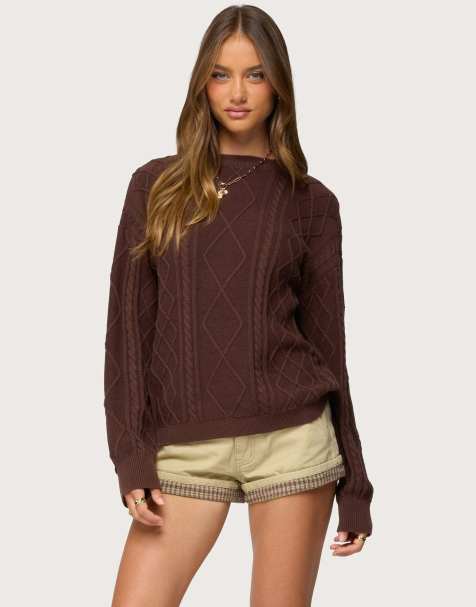 Edikted Jessy cable knit oversized sweater in brown - view 1