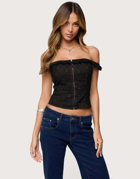 Edikted Jordana ruffle eyelet off shoulder top in black