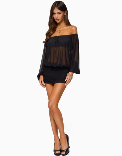 Edikted jorie sheer mesh off shoulder bubble dress in black - view 1
