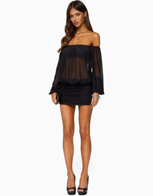 Edikted jorie sheer mesh off shoulder bubble dress in black, 5 of 5