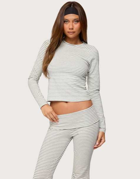 Edikted Kaeli stripey long sleeve t shirt in gray and white - view 1
