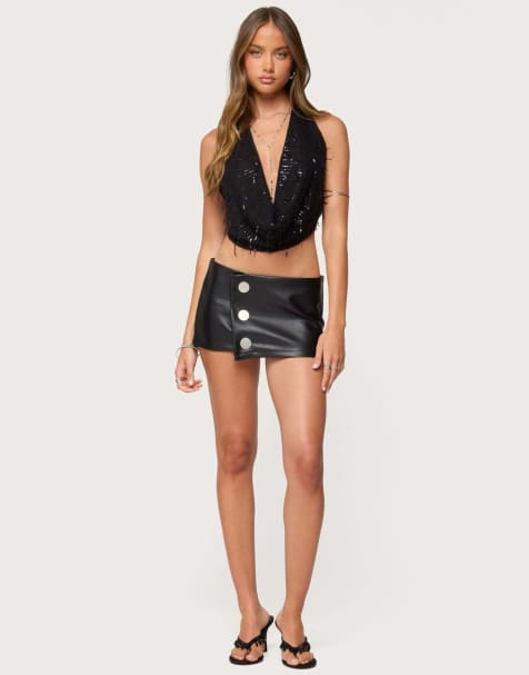 Edikted Kaine button faux leather mini skort in black - view 1