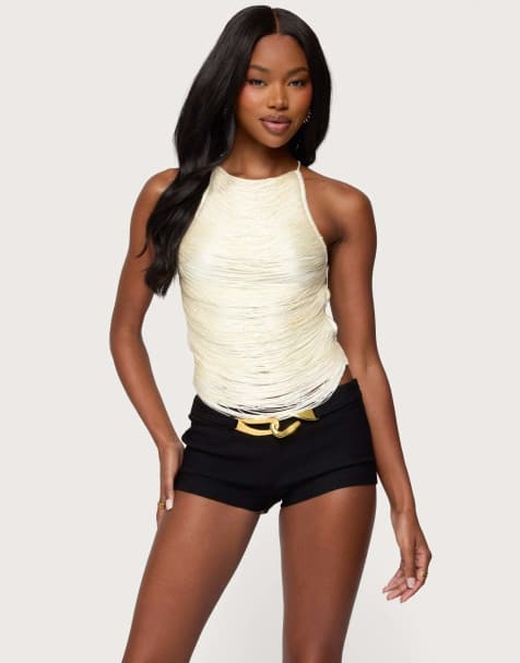 Edikted Kalana crisscross backless fringed top in cream - view 1