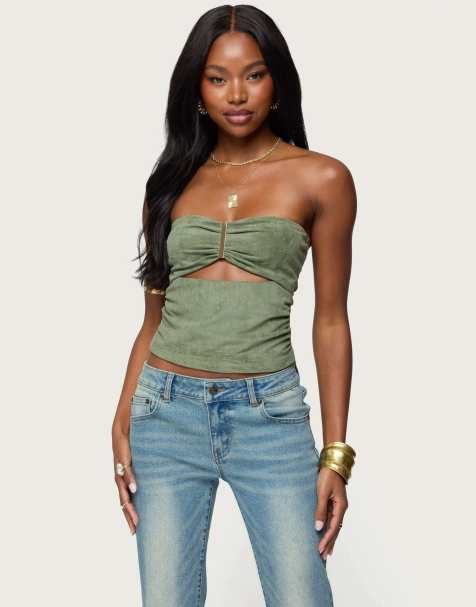 Edikted Kalina cutout faux suede strapless top in olive - view 1