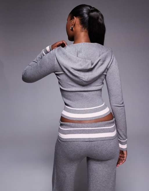 Edikted Kaliya co-ord stripey knit zip up hoodie in grey, 3 of 4