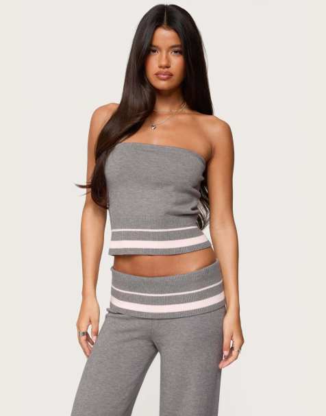 Edikted Kaliya stripey strapless knit top in gray melange