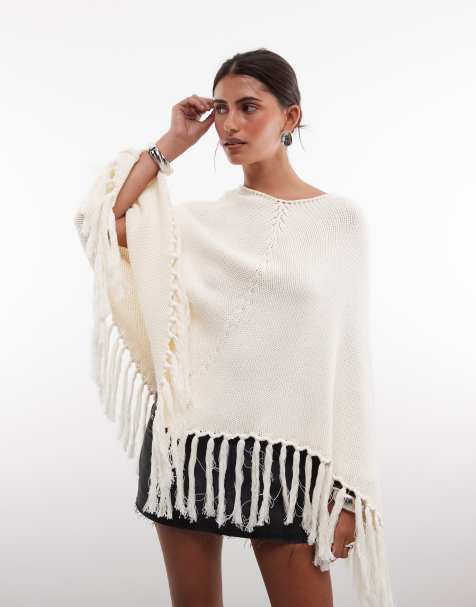 Edikted Kamila fringe knit poncho in cream - view 1