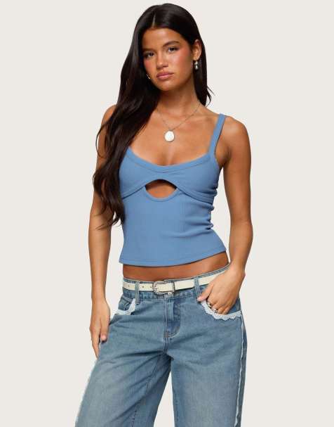 Edikted Karin cut out ribbed tank top in blue - view 1