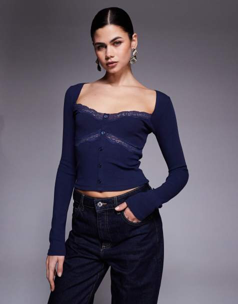Edikted Kathi lacey long sleeve top in navy