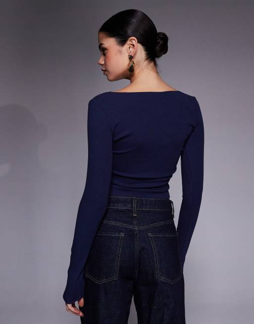 Edikted Kathi lacey long sleeve top in navy, 3 of 4