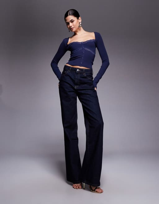 Edikted Kathi lacey long sleeve top in navy, 4 of 4