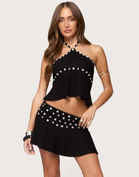 Edikted Kayce button halter top in black