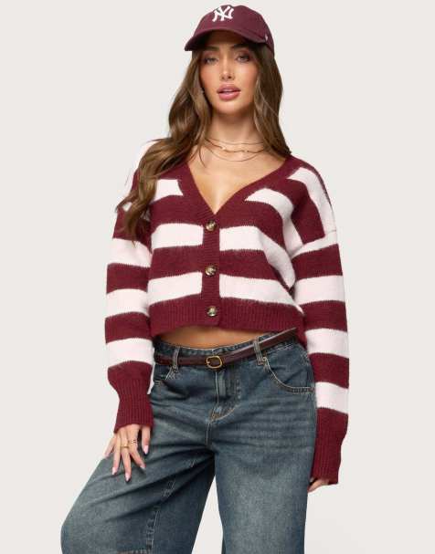 Edikted Kaz striped knit v neck cardigan in burgundy - view 1