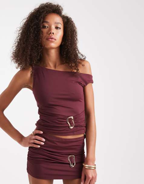 Edikted Kenia abstract ring off shoulder top in burgundy (part of a set) - view 1