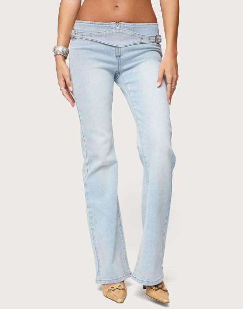 Edikted Kenza belted low rise flared jeans in light blue - view 1