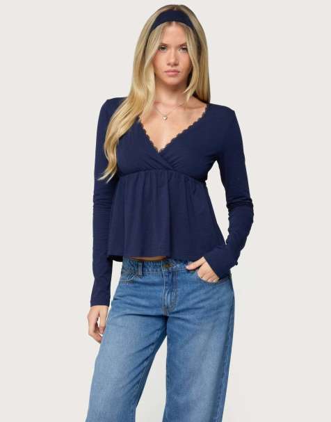 Edikted Kenzie long sleeve babydoll top in navy - view 1